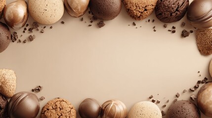 Delicious Chocolate Truffles and Cookies Create a Unique Frame for a Blank Elegant Cream Space