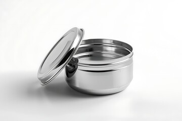 Shiny metal container with open lid on white background