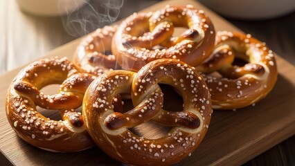 A close up of several freshly baked soft pretzels with coarse salt sprinkled on top isolated on white background