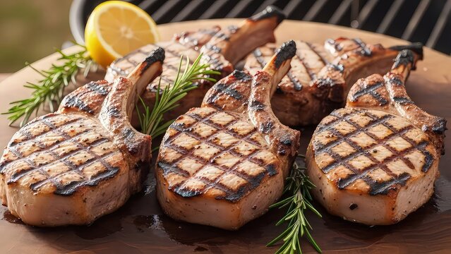 Delicious grilled pork chops with rosemary and lemon slice isolated on white background - Powered by Adobe