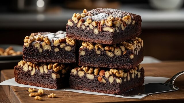 Stack of rich chocolate brownies topped with crunchy nuts and powdered sugar isolated on white background