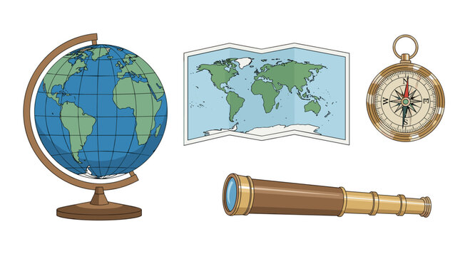 Vintage Travel and Exploration Set Globe Map Compass Telescope, Generative AI.