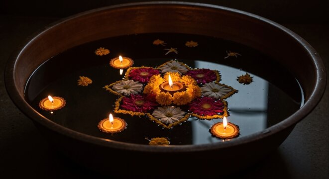 Lit diya candles and floral rangoli floating in water bowl for Diwali. Traditional Indian decoration for festival of lights celebration