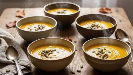 Delicious creamy pumpkin soup served in small bowls with toppings isolated on white background