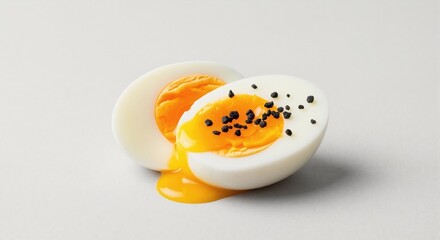 Soft-boiled egg cut in half with runny yolk and black salt. Healthy protein breakfast on minimalist gray background with copy space