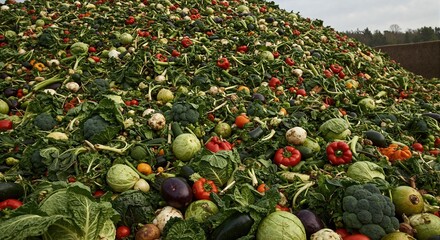 Large pile of discarded fresh vegetables representing food waste. Agricultural surplus and organic produce for compost