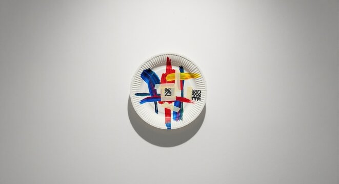 Modern abstract artwork on disposable paper plate. DIY craft project with primary colors and masking tape. Minimalist concept on plain background