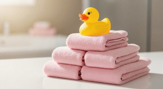 Yellow rubber duck on stack of soft pink towels in bathroom. Baby bath time and childhood hygiene concept. Copy space for text