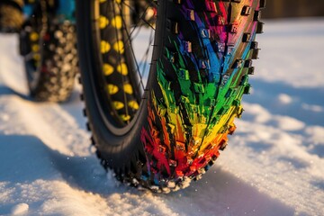 Obraz premium Vibrant custom-painted fat bike tire treads with a rainbow splash effect on bright snow, extreme close-up shot