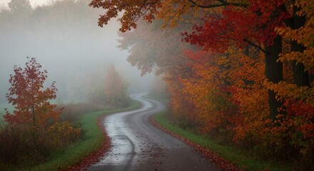 Scenic winding road disappearing into fog in autumn forest. Colorful fall foliage with red, orange, and yellow leaves. Moody and atmospheric nature landscape