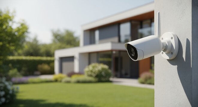 White security camera installed on exterior of modern house. Home surveillance system for property protection and safety. Smart home technology concept