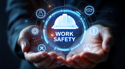 Person holding a digital display of work safety with a hard hat and various safety related icons