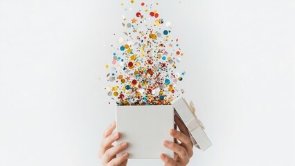 Hands opening white gift box with colorful confetti explosion. Celebration and surprise concept for birthday or holiday party on white background