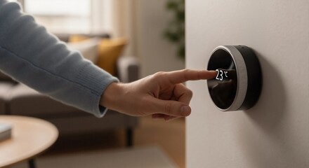 Close-up of hand setting temperature on digital smart thermostat. Modern home automation for energy efficiency
