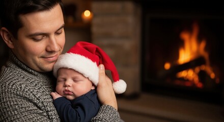 Loving father holding his sleeping newborn baby in santa hat. Tender family moment by cozy fireplace during christmas holidays. Fatherhood and new life concept