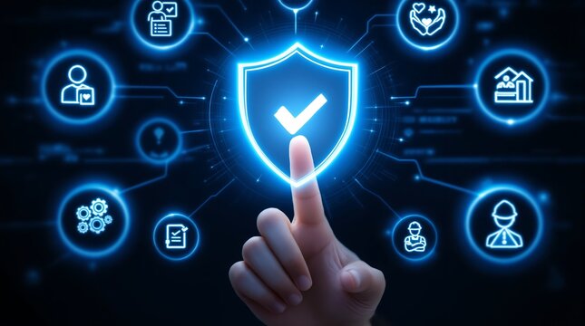 A finger touching a glowing shield with a checkmark surrounded by various digital security icons
