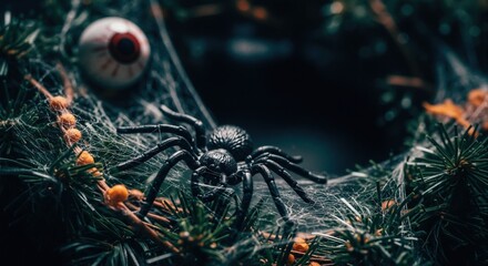 Spooky Halloween wreath with large black spider and creepy eyeball. Close-up of horror holiday decoration on dark background. Copy space for text