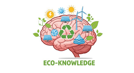 Brain with Eco Knowledge Symbols and Renewable Energy Icons, Generative AI.