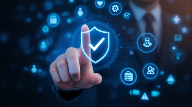 A person in a suit touching a glowing shield icon surrounded by other glowing digital interface icons