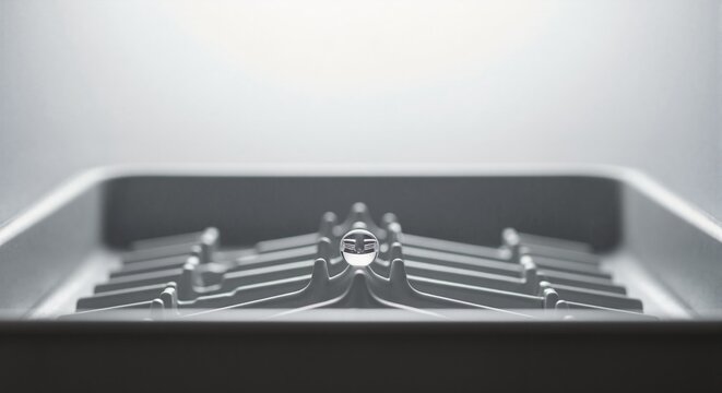 Minimalist abstract shot of clear glass sphere on symmetrical gray structure. Technology and precision concept with selective focus