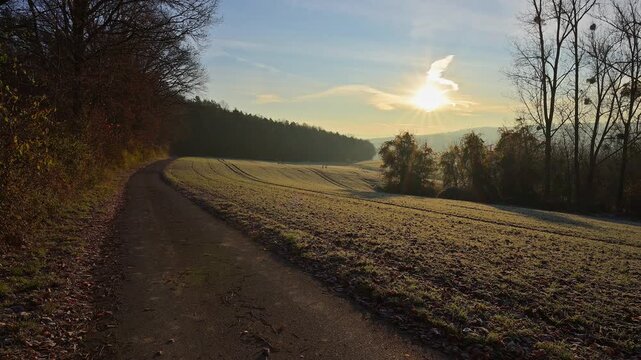 Ein Feld Weg f&uuml;hrt durch ein frostiges Feld, beleuchtet von der Morgensonne, Seckmauern, L&uuml;tzelbach, Odenwald, Hessen, Deutschland