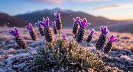 Frozen purple wild flowers covered in frost on a cold winter morning