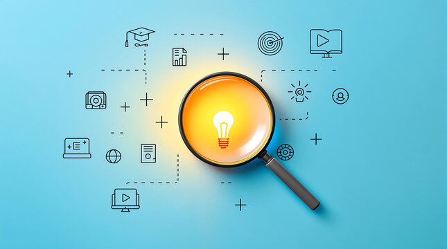 A magnifying glass focusing on a lightbulb surrounded by education and business related icons on blue