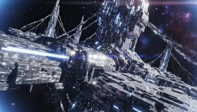 Massive Futuristic Space Station Complex Orbiting Distant Galaxy With Nebulae Clouds And Stars Illuminated By Bright Lights