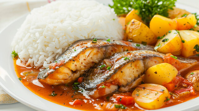 Homemade Stewed Fish with Potatoes, Vegetables and Rice on White Background