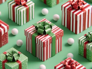3D rendering of Christmas present boxes with striped red and green gift paper, white balls on an isolated background