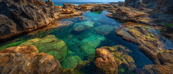 Crystal clear turquoise water fills natural rock pools on a rugged coastline