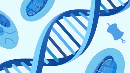Modern digital illustration of a prominent blue DNA double helix structure, surrounded by various cellular components like mitochondria. Science and genetics concept.