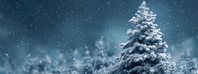 A Christmas tree with snow on the background, a panoramic banner for Christmas card design, a New Year's celebration