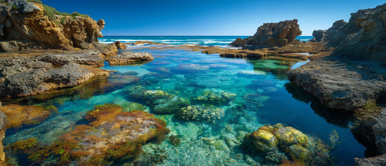 Crystal clear turquoise water fills a natural rock pool on a rugged coastline