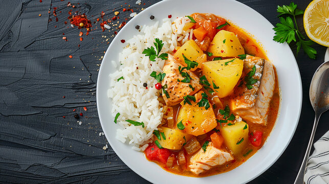 Traditional Fish Stew with Potatoes, Vegetables and Rice Isolated on grey