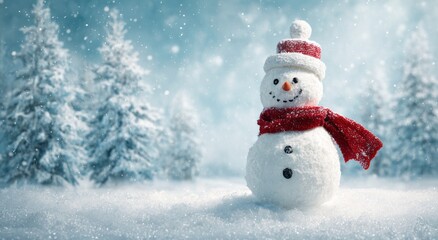 A cute snowman standing in the middle of a snowy landscape, with a white background and chrismas tree