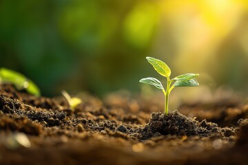 A young plant sprout grows through dark soil illuminated by warm sunlight from behind, set on a simple green backdrop, representing renewal and environmental themes.