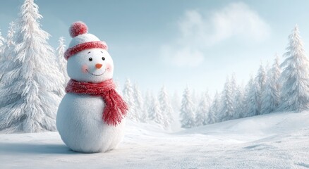 A cute snowman standing in the middle of a snowy landscape, with a white background and chrismas tree