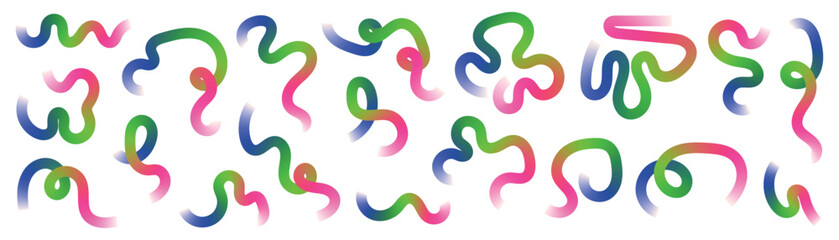 Modern Memphis inspired geometric squiggles and organic forms with bright rainbow gradients.