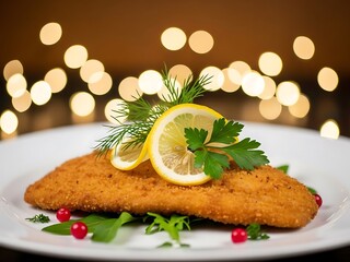 Crispy Fried Fish Fillet, Traditional Polish Christmas Eve Dish, Fried Carp with Lemon and Herbs, Festive Plate Warm Lights