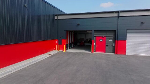 Exterior view of a modern industrial building with roll-up doors and loading dock areas
