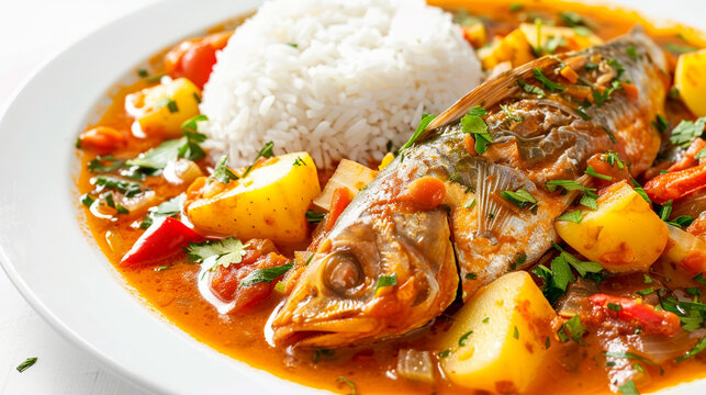 Stewed Fish with Potatoes, Vegetables and White Rice on White Background