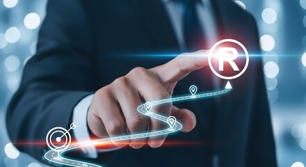 Businessman s hand touching a digital target icon on a futuristic interface