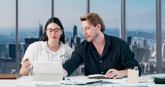 Creative, people and meeting with tablet in office for discussion, review article and manuscript. Staff, team and talking with documents for headline feedback, proofreading story and publication post