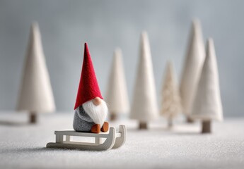 A small gnome sitting on a white wooden sled, wearing a red hat with grey hair and a beard, with white Christmas trees in the background