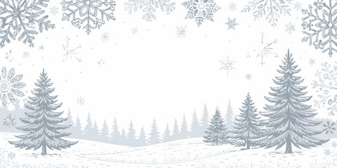Enchanting winter wonderland scene with delicate snowflakes falling amidst frosted trees, perfect for holiday greetings and seasonal promotions