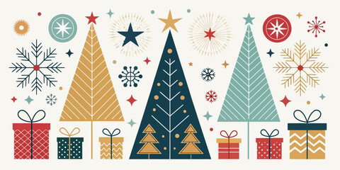 Charming holiday scene with colorful Christmas trees, playful snowflakes, and cheerful presents, ideal for greeting cards and festive designs