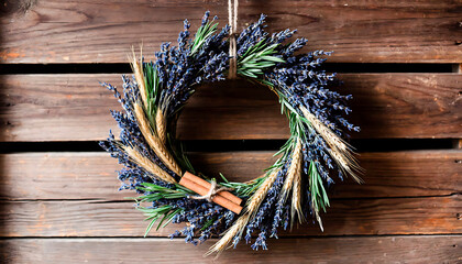 Lavender and wheat ear wreath with cinnamon sticks hanging on rustic wood. Herbal aroma decoration for home or holiday.
