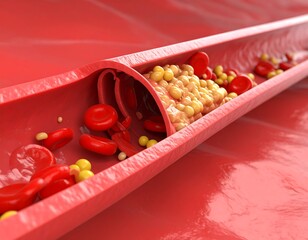 Medical illustration of an artery with plaque buildup, showcasing cholesterol and blood cells
