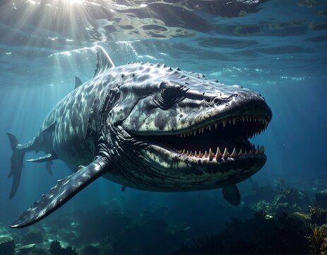 Large marine reptile swims in sunlit water with visible teeth